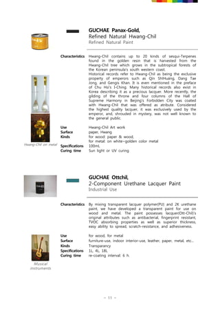 - 11 -
GUCHAE Panax-Gold,
Refined Natural Hwang-Chil
Refined Natural Paint
Characteristics Hwang-Chil contains up to 20 kinds of sesqui-Terpenes
found in the golden resin that is harvested from the
Hwang-Chil tree which grows in the subtropical forests of
the Korean peninsula’s south western coast.
Historical records refer to Hwang-Chil as being the exclusive
property of emperors such as Qín ShǐHuáng, Dang Tae
Jong, and Gengis Khan. It is even mentioned in the preface
of Chu Hsi's I-Ching. Many historical records also exist in
Korea describing it as a precious lacquer. More recently, the
gilding of the throne and four columns of the Hall of
Supreme Harmony in Beijing's Forbidden City was coated
with Hwang-Chil that was offered as atribute. Considered
the highest quality lacquer, it was exclusively used by the
emperor, and, shrouded in mystery, was not well known to
the general public.
Hwang-Chil on metal
Use Hwang-Chil Art work
Surface paper, Hwang
Kinds for wood: paper & wood,
for metal: on white~golden color metal
Specifications 100mL
Curing time Sun light or UV curing
GUCHAE Ottchil,
2-Component Urethane Lacquer Paint
Industrial Use
Characteristics By mixing transparent lacquer polymer(PU) and 2K urethane
paint, we have developed a transparent paint for use on
wood and metal. The paint possesses lacquer(Ott-Chil)'s
original attributes such as antibacterial, fingerprint resistant,
TVOC absorbing properties as well as superior thickness,
easy ability to spread, scratch-resistance, and adhesiveness.
Musical
instruments
Use for wood, for metal
Surface furniture-use, indoor interior-use, leather, paper, metal, etc...
Kinds Transparancy
Specifications 1L, 4L, 18L
Curing time re-coating interval: 6 h.
 