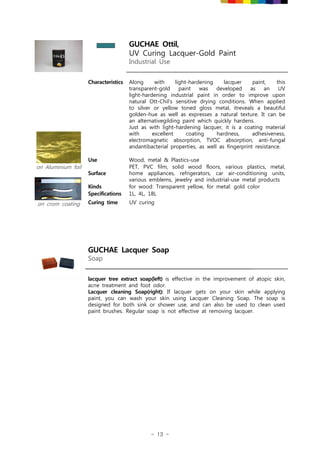 - 13 -
GUCHAE Ottil,
UV Curing Lacquer-Gold Paint
Industrial Use
Characteristics Along with light-hardening lacquer paint, this
transparent-gold paint was developed as an UV
light-hardening industrial paint in order to improve upon
natural Ott-Chil's sensitive drying conditions. When applied
to silver or yellow toned gloss metal, itreveals a beautiful
golden-hue as well as expresses a natural texture. It can be
an alternativegilding paint which quickly hardens.
Just as with light-hardening lacquer, it is a coating material
with excellent coating hardness, adhesiveness,
electromagnetic absorption, TVOC absorption, anti-fungal
andantibacterial properties, as well as fingerprint resistance.
on Aluminium foil
on crom coating
Use Wood, metal & Plastics-use
Surface
PET, PVC film, solid wood floors, various plastics, metal,
home appliances, refrigerators, car air-conditioning units,
various emblems, jewelry and industrial-use metal products
Kinds for wood: Transparent yellow, for metal: gold color
Specifications 1L, 4L, 18L
Curing time UV curing
GUCHAE Lacquer Soap
Soap
lacquer tree extract soap(left) is effective in the improvement of atopic skin,
acne treatment and foot odor.
Lacquer cleaning Soap(right): If lacquer gets on your skin while applying
paint, you can wash your skin using Lacquer Cleaning Soap. The soap is
designed for both sink or shower use, and can also be used to clean used
paint brushes. Regular soap is not effective at removing lacquer.
 