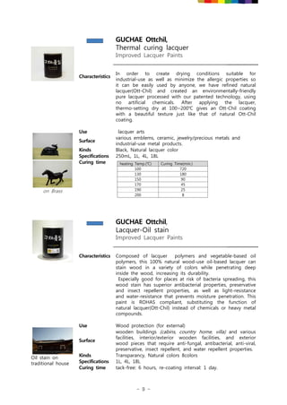 - 9 -
GUCHAE Ottchil,
Thermal curing lacquer
Improved Lacquer Paints
Characteristics
In order to create drying conditions suitable for
industrial-use as well as minimize the allergic properties so
it can be easily used by anyone, we have refined natural
lacquer(Ott-Chil) and created an environmentally-friendly
pure lacquer processed with our patented technology, using
no artificial chemicals. After applying the lacquer,
thermo-setting dry at 100~200℃ gives an Ott-Chil coating
with a beautiful texture just like that of natural Ott-Chil
coating.
on Brass
Use lacquer arts
Surface
various emblems, ceramic, jewelry/precious metals and
industrial-use metal products.
Kinds Black, Natural lacquer color
Specifications 250mL, 1L, 4L, 18L
Curing time heating Temp.(℃) Curing Time(min.)
100 720
130 180
150 90
170 45
190 25
200 8
GUCHAE Ottchil,
Lacquer-Oil stain
Improved Lacquer Paints
Characteristics Composed of lacquer polymers and vegetable-based oil
polymers, this 100% natural wood-use oil-based lacquer can
stain wood in a variety of colors while penetrating deep
inside the wood, increasing its durability.
Especially good for places at risk of bacteria spreading, this
wood stain has superior antibacterial properties, preservative
and insect repellent properties, as well as light-resistance
and water-resistance that prevents moisture penetration. This
paint is ROHAS compliant, substituting the function of
natural lacquer(Ott-Chil) instead of chemicals or heavy metal
compounds.
Oil stain on
traditional house
Use Wood protection (for external)
Surface
wooden buildings (cabins, country home, villa) and various
facilities, interior/exterior wooden facilities, and exterior
wood pieces that require anti-fungal, antibacterial, anti-viral,
preservative, insect repellent, and water repellent properties.
Kinds Transparancy, Natural colors 8colors
Specifications 1L, 4L, 18L
Curing time tack-free: 6 hours, re-coating interval: 1 day.
 