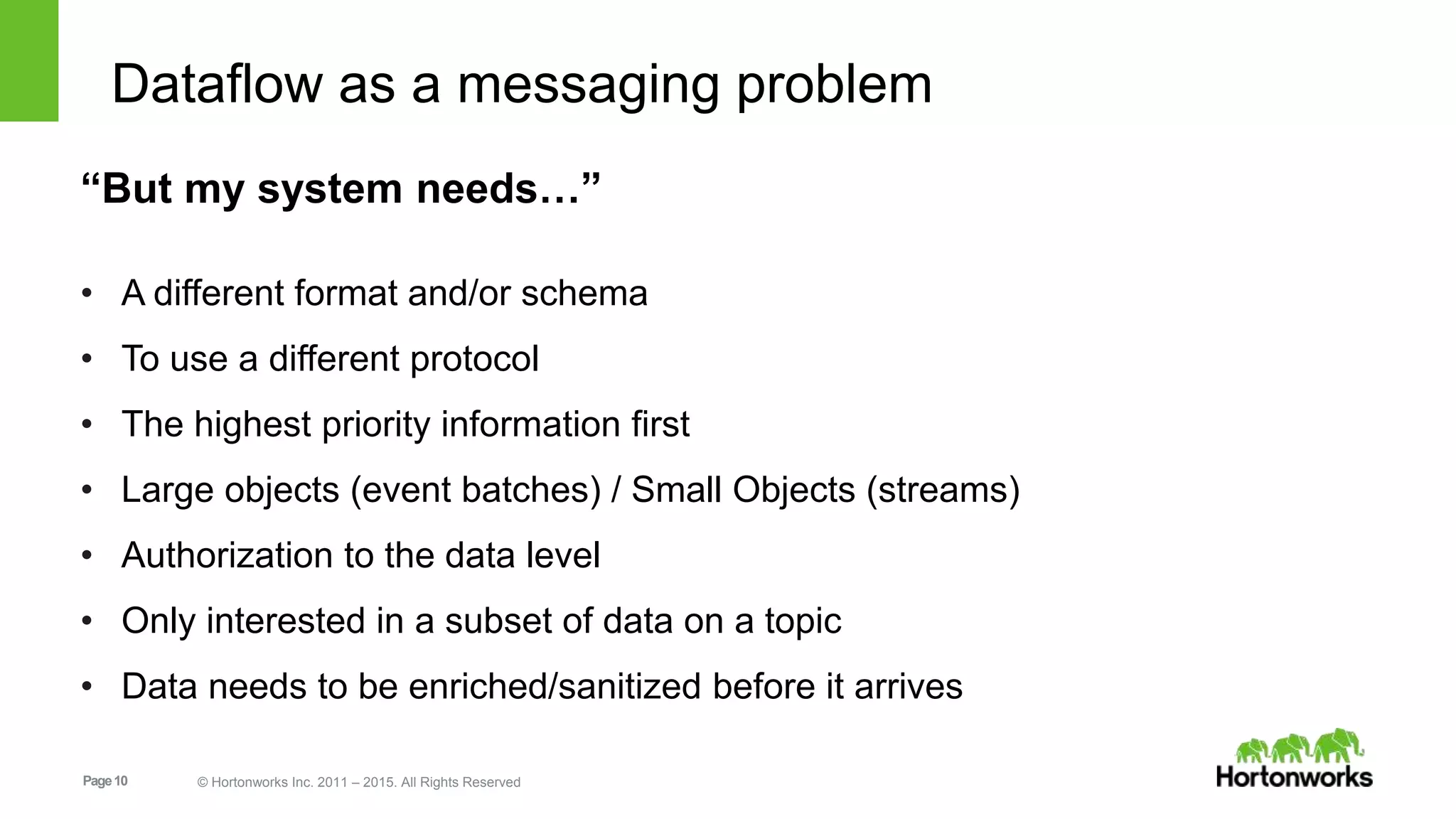 Page10 © Hortonworks Inc. 2011 – 2015. All Rights Reserved
“But my system needs…”
• A different format and/or schema
• To use a different protocol
• The highest priority information first
• Large objects (event batches) / Small Objects (streams)
• Authorization to the data level
• Only interested in a subset of data on a topic
• Data needs to be enriched/sanitized before it arrives
Dataflow as a messaging problem
 