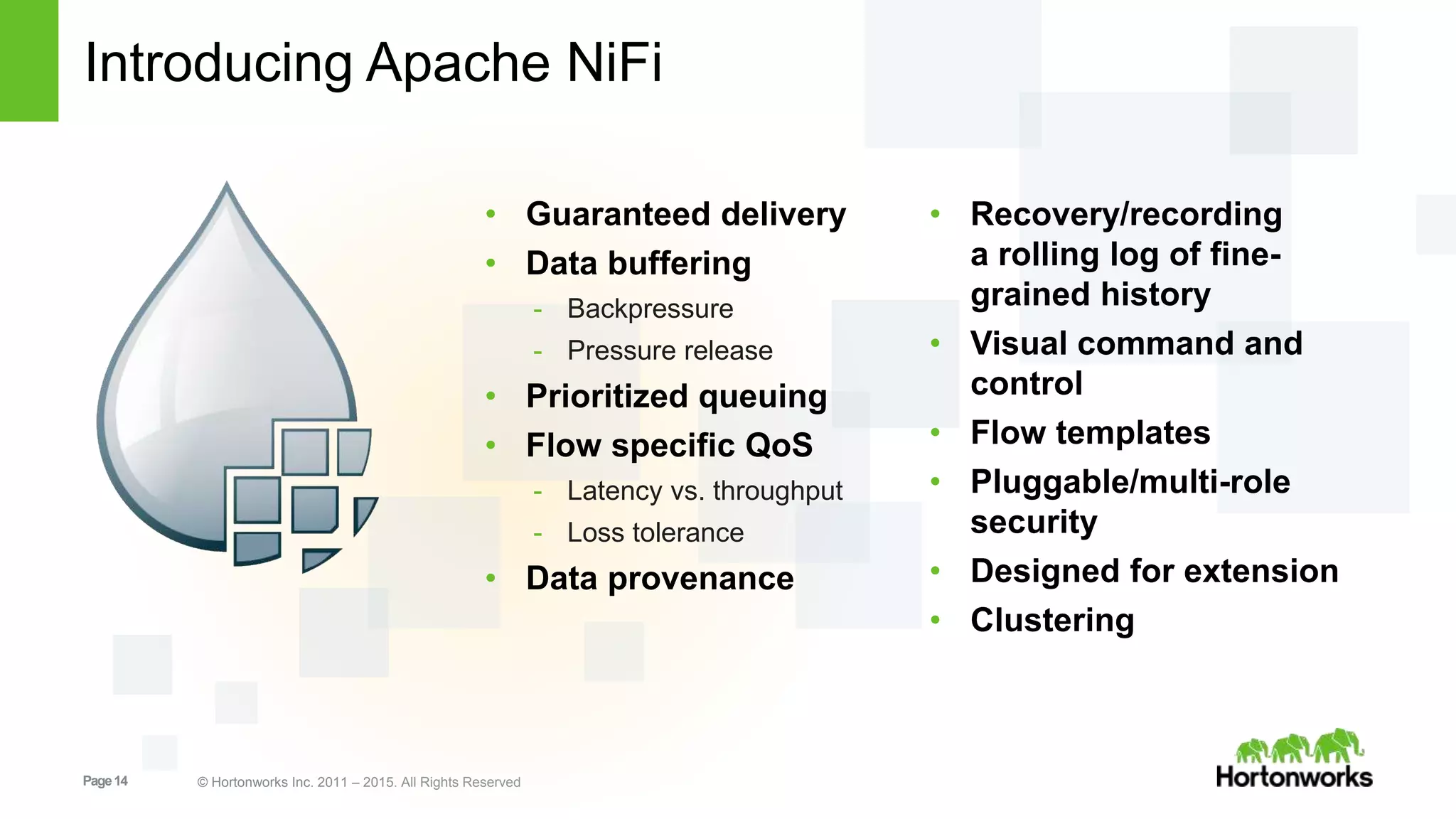 Page14 © Hortonworks Inc. 2011 – 2015. All Rights Reserved
Introducing Apache NiFi
• Guaranteed delivery
• Data buffering
- Backpressure
- Pressure release
• Prioritized queuing
• Flow specific QoS
- Latency vs. throughput
- Loss tolerance
• Data provenance
• Recovery/recording
a rolling log of fine-
grained history
• Visual command and
control
• Flow templates
• Pluggable/multi-role
security
• Designed for extension
• Clustering
 