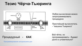 Тезис Чёрча-Тьюринга
Процедурный - КАК
Программирование сегодняшнего дня
Любое вычисление можно
запрограммировать
процедурно
Простейший вычислитель
- “машина Тьюринга”
Всё чётко, но
программировать - бывает
долго и утомительно!”
 