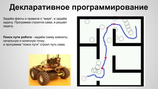 Декларативное программирование
Задаём факты и правила о “мире”, и задаём
задачу. Программа строится сама, и решает
задачу.
Поиск пути робота - задаём схему комнаты,
начальную и конечную точку,
и программа “поиск пути” строит путь сама.
 