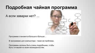 Подробная чайная программа
А если заварки нет? ...
Программа становится больше и больше…
В программах для компьютера - такая же проблема.
Программы должны быть очень подробными, чтобы
быть готовыми ко всем неожиданностям.
 