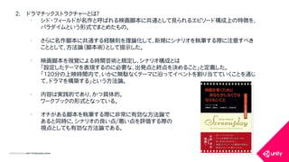 COPYRIGHT2015 @ UNITY TECHNOLOGIES JAPAN
2. ドラマチックストラクチャーとは？
&bull; シド・フィールドが名作と呼ばれる映画脚本に共通として見られるエピソード構成上の特徴を、
パラダイムという形式でまとめたもの。
&bull; さらに名作脚本に共通する経験則を理論化して、新規にシナリオを執筆する際に注意すべき
こととして、方法論（脚本術）として提示した。
&bull; 映画脚本を視覚による時間芸術と規定し、シナリオ構成とは
「設定したテーマを表現するのに必要な、出発点と終点を決めること」と定義した。
「120分の上映時間内で、いかに無駄なくテーマに沿ってイベントを割り当てていくことを通じ
て、ドラマを構築する」という方法論。
&bull; 内容は実践的であり、かつ具体的。
ワークブックの形式となっている。
&bull; オチがある脚本を執筆する際に非常に有効な方法論で
あると同時に、シナリオの良い点/悪い点を評価する際の
視点としても有効な方法論である。
 