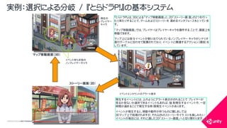 COPYRIGHT2015 @ UNITY TECHNOLOGIES JAPAN
実例：選択による分岐 / 『とらドラＰ！』の基本システム
マップ移動画面（3D）
発生するイベントには、上のようにアラート表示がされることで プレイヤーが
見るか見ないか選択できるイベントもあれば、強 制発生するイベントや、一定
時間が過ぎることで発生する時 限発生イベントがあります。
イベントが発生すると、移動や動作が伴うものに関しましては
３Ｄマップ上で処理されますが、それ以外のストーリーやイラ ストを楽しみたい
イベントの場合には、それに適した2D「ストー リー画面」へと切り替わります。
『とらドラＰ！』は、3Dによる「マップ移動画面」と、2D「ストーリー画 面」の２つを行っ
たり来たりすることで、ゲームおよびストーリーを 進めるインタフェースをとっていま
す。
「マップ移動画面」では、プレイヤーはプレイヤーキャラを操作する ことで、画面上を
移動できます。
マップ上には各々イベントが割り当てられているノンプレイヤー キャラがシナリオ
進行テーブルに合わせて配置されており、イベン トに関連するアクション（演技）を
しています。
ストーリー画面（2D）
イベント待ち状態の
ノンプレイヤーキャラ
イベントエンカウントのアラート表示
現在の
プレイヤー
キャラ
 