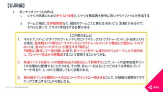 COPYRIGHT2015 @ UNITY TECHNOLOGIES JAPAN
【執筆編】
7. 各シナリオファイルの作成
i. シナリオ執筆のためのテキスト仕様と、シナリオ構成表を参考に各シナリオファイルを作成する
ii. ゲームの場合、文字数制限など、個別のゲームごとに異なる決まりごと（仕様）があるので、
それらに従って、テキスト作成をする必要がある
【この章のまとめ】
1. マルチエンディングタイプのゲームシナリオにドラマチックストラクチャーのメソッドを取り入れ
る場合、各攻略キャラ単位にドラマチックストラクチャーのメソッドで構成した個別ルートのプ
ロットを、各エピソードポイントが発生する『場所』と
『時間』に着目して一度分解した後で、各イベントをゲーム進行のタイムテーブル上で並列化
し、プレイヤー視点から再構成することで実現することができる。
2. 共通イベントを各ルートの結節点及び分岐点として利用することで、ルートの途中変更ポイン
トを効果的に配置することができる。その際、各ルートを辿ることでどのような情報をプレイ
ヤーが得るか、しっかりと確認しておく必要がある。
3. 各分岐ポイントを個別ルートのエピソードポイントに一致させることで、分岐後の展開をドラマ
チックに演出することが可能となる。
 