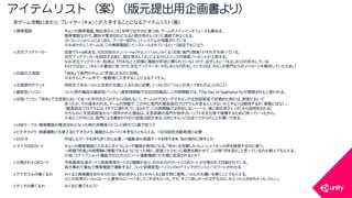 COPYRIGHT2015 @ UNITY TECHNOLOGIES JAPAN
アイテムリスト（案）（版元提出用企画書より）
携帯電話 キョンの携帯電話。朝比奈さん（大）を呼び出すのに使う他、ゲームのメインインタフェースも兼ねる。
携帯電話なので、圏外や電池切れになると朝比奈さん（大）に連絡できなくなる。
※i-コンシュルジュによく似た、アバター型のヒントシステムが搭載されている
※おまけのミニゲームは、この携帯電話にインストールされているという設定でおこなう
次元ブックマーカー 全部で５＋&alpha;枚ある。元SOS団のメンバー＋&alpha;（キョン/ハルヒ/みくる/古泉/長門/朝倉）がそれぞれ持っている。
次元ブックマーカーを回収する度に、朝比奈さん（大）によるクロスリンクの修復パーセントが上昇する。
なお次元ブックマーカー自体は、TPDDなどと同様に機能が形状に縛られていないので、必ずしもいつも《しおり》の形をしている
わけではない。（キョンが最初に見つけた次元ブックマーカーが《しおり》の形をしていたのは、キョンが長門からのメッセージを期待していたため。）
白紙の入部届 『消失』で長門がキョンに手渡したものと同様。
※おそらくゲーム中で一番最後に入手することになるアイテム。
北高祭のチケット 他校生であるハルヒと古泉が北高に入るために必要。（ハルヒ曰く「ジョンが送ってきたのよ」とのこと）
最新型パソコン コンピ研の備品の最新型パソコン（通常時間軸ではSOS団備品）。この時間軸では、『The Day of Sagittarius III』が開発されたと思われる。
旧型パソコン 『消失』で文芸部においてあった年代もの（おそらくUSBもない）。ゲームのプロローグでキョンが文芸部部室で目覚めた時には、部室において
あったが、その後失われる。ゲームの序盤で、この中に長門の緊急脱出プログラムがあるんじゃないかとキョンは期待するが、実際にはない。
（緊急脱出プログラムは、《すでに使われている》ので、この時間軸には存在しない――と、後に朝比奈さん（大）から説明をされる）
※ちなみに文芸部部室から一時失われた理由は、文芸部員の長門が自作占いソフトを文化祭で披露するために持っていったから。
※あとこの中には、長門による書きかけの小説風日記がある。５月にキョンに出会ってからのことが書いてある。
USBケーブル 携帯電話が電池切れになった時の充電用（※コンピ研のゴミ箱で拾う？）
ビデオカメラ 映画撮影にも使えるビデオカメラ。鶴屋さんのバイトを手伝うともらえる。&rarr;SOS団的活動再現に必要
DVD-R 作成したデータを持ち歩くのに必要。&rarr;編集済み映画データを持ち歩き、別の場所に移すとか
マイクロSDカード キョンの携帯電話に入れるとボイスレコーダ機能が有効になる。「何か」を目撃したらしいシャミセンの声を録音するのに使う。
&rarr;終盤『約束』の時間軸に移動できるようになった時に、直接シャミセンに録音を聞かせて、この時「何を見た」と言っているのか教えてもらえる。
※他、スナップショット機能（PS3とのエピソード連動機能）が大幅に拡張されるとか？
分割されたQRコード 平部員用共通カードと部長専用カードの２種類があり、おのおののカードにQRコードが分割されて印刷されている。
両方集めて重ねて携帯電話で撮影すると、コンピ研最新型パソコンのログインアカウントとパスワードがわかる
アマガエルの着ぐるみ みくると直接顔を合わせられない朝比奈さん（大）がみくると話す時に使用。ハルヒのお願いを聞くことでもらえる。
※この世界のハルヒは、一人夏休みにバイトをしてこれをもらった。でも「すごく欲しかったはずなのに、もらったら冷めちゃった」らしい。
サンタの着ぐるみ みくるに着てもらう？
本ゲーム攻略にあたり、プレイヤー（キョン）が入手することになるアイテムリスト（案）
 