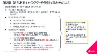 COPYRIGHT2015 @ UNITY TECHNOLOGIES JAPAN
【この章の目標】キャラクター対比表を作ってみよう
1. キャラクター対比表とは？
&rarr;自分のシナリオに出てくる主なキャラクターの設定を一覧できるように
したもの
 列カテゴリ：キャラリスト
 主人公（＝プレイヤーキャラ？）
 敵（主人公の目的を阻む障害）
 仲間（主人公を引き立てるキャラ）、ヒロイン？
 行カテゴリ：キャラ設定
 キャラの外見イメージを固めるのに必要な情報
（例：名前/年齢/性別/人種/職業・スキル/階級&hellip;）
 キャラの内面を規定する情報
（例：性格/長所・短所/趣味/家族関係/好き・嫌い/頭の良さ&hellip;）
 シナリオのテーマに関わる情報
・各キャラがシナリオ中で実現しようとしている超目的
・そのシナリオが始まるまでの各キャラのバックストーリー
・ラストシーンにおける各キャラの立ち位置/役割&hellip;
第2章 魅力あるキャラクターを設計するためには？
★特定のフォーマットがあ
るわけではない
&rarr;ゲーム/シナリオごとに
必要となる要素は異なるた
め
★各項目は、自分の作る
ゲーム/シナリオに合わせて、
適宜
調整する
 