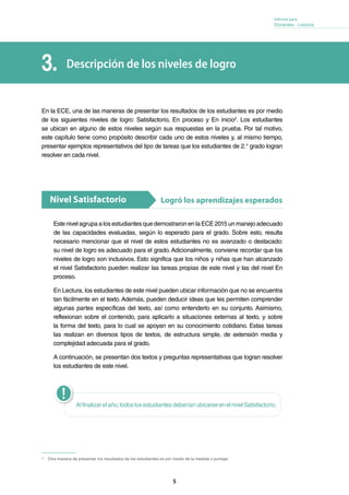 5
Informe para
Docentes - Lectura
Logró los aprendizajes esperadosNivel Satisfactorio
Este nivel agrupa a los estudiantes que demostraron en la ECE 2015 un manejo adecuado
de las capacidades evaluadas, según lo esperado para el grado. Sobre esto, resulta
necesario mencionar que el nivel de estos estudiantes no es avanzado o destacado:
su nivel de logro es adecuado para el grado. Adicionalmente, conviene recordar que los
niveles de logro son inclusivos. Esto significa que los niños y niñas que han alcanzado
el nivel Satisfactorio pueden realizar las tareas propias de este nivel y las del nivel En
proceso.
En Lectura, los estudiantes de este nivel pueden ubicar información que no se encuentra
tan fácilmente en el texto. Además, pueden deducir ideas que les permiten comprender
algunas partes específicas del texto, así como entenderlo en su conjunto. Asimismo,
reflexionan sobre el contenido, para aplicarlo a situaciones externas al texto, y sobre
la forma del texto, para lo cual se apoyan en su conocimiento cotidiano. Estas tareas
las realizan en diversos tipos de textos, de estructura simple, de extensión media y
complejidad adecuada para el grado.
A continuación, se presentan dos textos y preguntas representativas que logran resolver
los estudiantes de este nivel.
En la ECE, una de las maneras de presentar los resultados de los estudiantes es por medio
de los siguientes niveles de logro: Satisfactorio, En proceso y En inicio2
. Los estudiantes
se ubican en alguno de estos niveles según sus respuestas en la prueba. Por tal motivo,
este capítulo tiene como propósito describir cada uno de estos niveles y, al mismo tiempo,
presentar ejemplos representativos del tipo de tareas que los estudiantes de 2.° grado logran
resolver en cada nivel.
Descripción de los niveles de logro3.
2
Otra manera de presentar los resultados de los estudiantes es por medio de la medida o puntaje.
Alfinalizarelaño,todoslosestudiantesdeberíanubicarseenelnivelSatisfactorio.
 