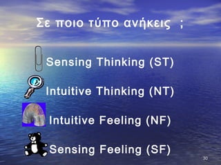 Σε ποιο τύπο ανήκεις ;
Sensing Thinking (ST)
Intuitive Thinking (NT)
Intuitive Feeling (NF)
Sensing Feeling (SF)
3030
 