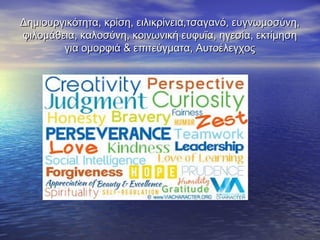 Δημιουργικότητα, κρίση, ειλικρίνεια,τσαγανό, ευγνωμοσύνη,Δημιουργικότητα, κρίση, ειλικρίνεια,τσαγανό, ευγνωμοσύνη,
φιλομάθεια, καλοσύνη, κοινωνική ευφυϊα, ηγεσία, εκτίμησηφιλομάθεια, καλοσύνη, κοινωνική ευφυϊα, ηγεσία, εκτίμηση
για ομορφιά & επιτεύγματα, Αυτοέλεγχοςγια ομορφιά & επιτεύγματα, Αυτοέλεγχος
 