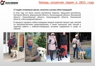 Помощь незрячим людям в 2015 году
17 людей, потерявших зрение, получили в центре собак-поводырей.
В этом году это были жители республики Карелия, Чувашской республики,
Ростовскй области, Воронежской области, Ленинградской области, Московской
области, Новосибирской области, Нижегородской области, Ульяновской
области, и Волгоградской области.
В процессе передачи собаки-поводыря каждый незрячий прошел курс занятий
по пространственному ориентированию, а также прослушал курс лекций о
правилах работы с собакой-поводырем, условиях содержания и ухода за
собакой.
Часть рисунка с идентификатором отношения rId5 не найдена в файле.
 