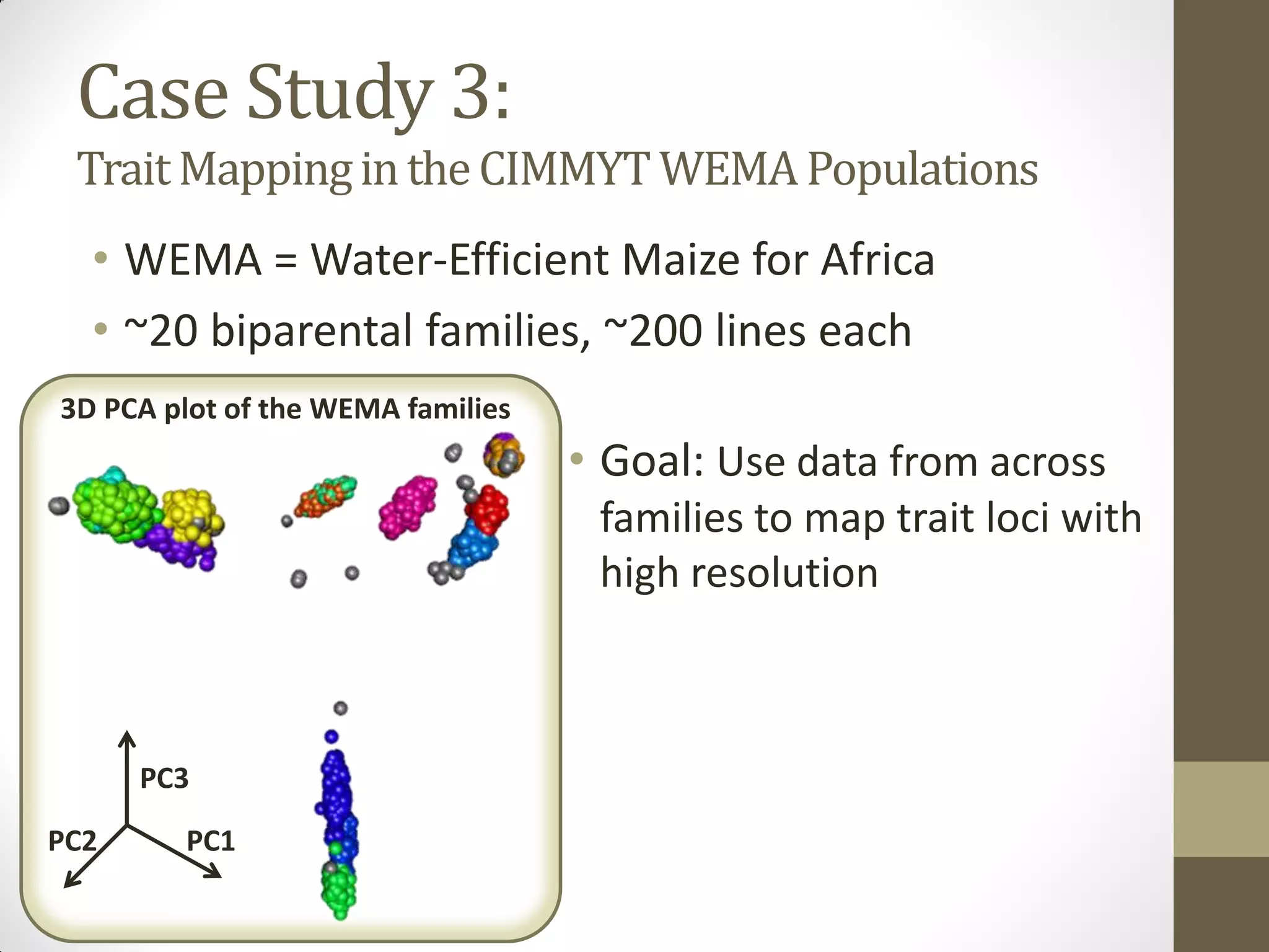 Case Study 3:
TraitMappingintheCIMMYT WEMA Populations
• WEMA = Water-Efficient Maize for Africa
• ~20 biparental families, ~200 lines each
• Goal: Use data from across
families to map trait loci with
high resolution
3D PCA plot of the WEMA families
PC1PC2
PC3
 