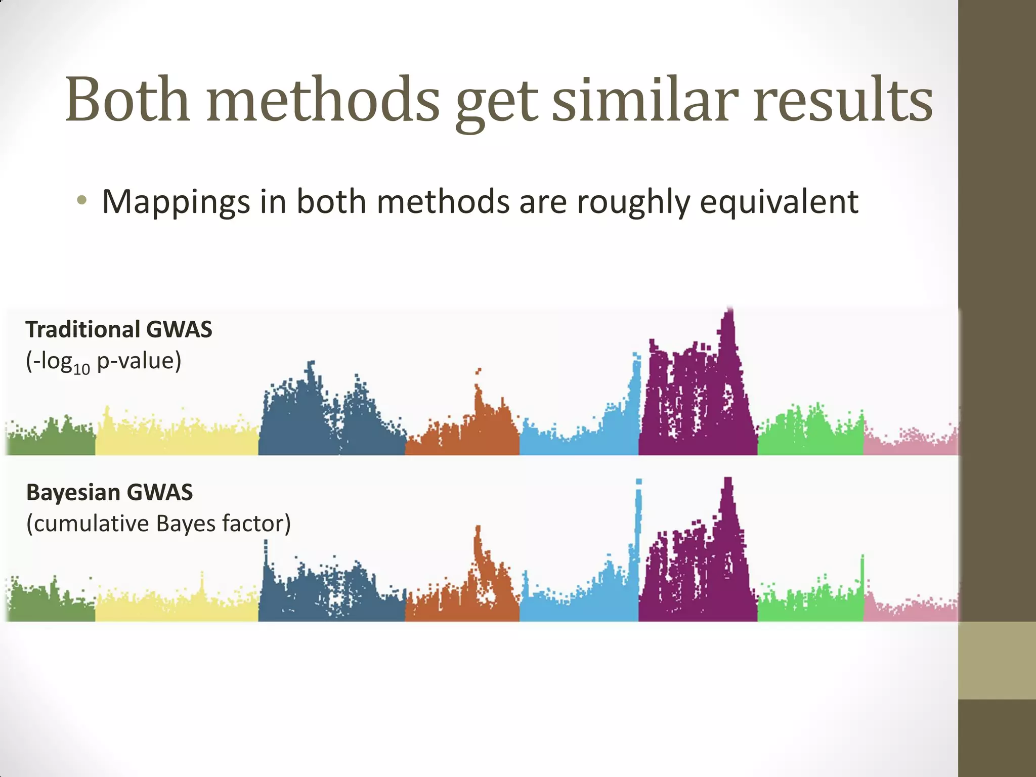 Both methods get similar results
Traditional GWAS
(-log10 p-value)
Bayesian GWAS
(cumulative Bayes factor)
• Mappings in both methods are roughly equivalent
 