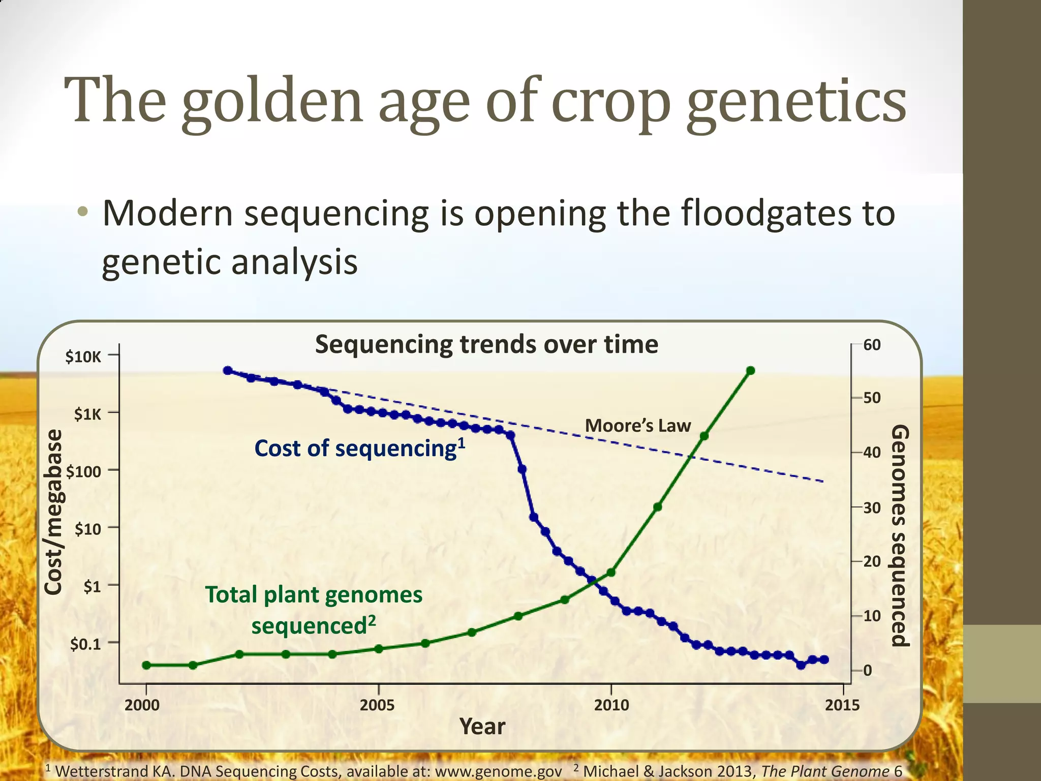 Cost/megabase
$1
$0.1
$10
$100
$1K
$10K
Year
2000 2005 2010 2015
The golden age of crop genetics
• Modern sequencing is opening the floodgates to
genetic analysis
0
10
20
30
40
50
60
Genomessequenced
Total plant genomes
sequenced2
Moore’s Law
Cost of sequencing1
Sequencing trends over time
2 Michael & Jackson 2013, The Plant Genome 61 Wetterstrand KA. DNA Sequencing Costs, available at: www.genome.gov
 