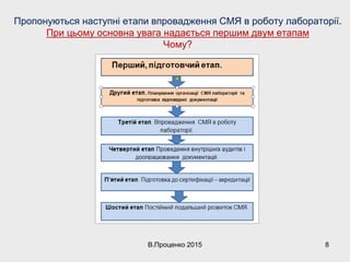 Пропонуються наступні етапи впровадження СМЯ в роботу лабораторії.
При цьому основна увага надається першим двум етапам
Чому?
В.Проценко 2015 8
 