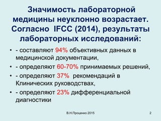 Значимость лабораторной
медицины неуклонно возрастает.
Согласно IFCC (2014), результаты
лабораторных исследований:
• - сос...