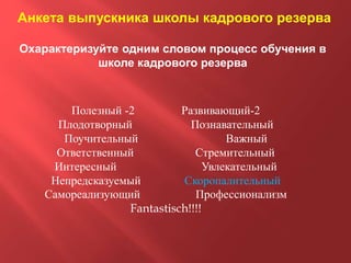 Анкета выпускника школы кадрового резерва
Охарактеризуйте одним словом процесс обучения в
школе кадрового резерва
Полезный -2 Развивающий-2
Плодотворный Познавательный
Поучительный Важный
Ответственный Стремительный
Интересный Увлекательный
Непредсказуемый Скоропалительный
Самореализующий Профессионализм
Fantastisch!!!!
 