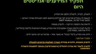 ‫המידענים‬ ‫תפקיד‬-‫אנליסטים‬
‫היום‬
•‫לאבחן‬,‫לברור‬,‫המידע‬ ‫את‬ ‫ולסנן‬ ‫להצליב‬
•‫הארגון‬ ‫וצורכי‬ ‫הפעילות‬ ‫לסוג‬ ‫בהתאם‬ ‫מודלים‬ ‫לפי‬ ‫מורכבים‬ ‫עיבודים‬ ‫לו‬ ‫לעשות‬–
‫פורטר‬ ‫מודל‬ ‫למשל‬,SWOT Analysis
•‫הרחבה‬ ‫התמונה‬ ‫את‬ ‫לראות‬–‫מגמות‬ ‫להסיק‬
•‫וללקוח‬ ‫הארגונית‬ ‫בצנרת‬ ‫המידע‬ ‫את‬ ‫אפקטיבית‬ ‫בצורה‬ ‫ולהפיץ‬ ‫לארוז‬ ‫לדעת‬(‫ניוזלייטר‬,
‫דו‬"‫ח‬‫אנליסטי‬,‫מצגת‬‫וכו‬'.)
•‫ב‬ ‫המידע‬ ‫את‬ ‫לרכז‬"‫קיבול‬ ‫כלי‬"‫אחד‬ ‫מאגר‬ ‫או‬–‫לדוג‬ ‫ארגוני‬ ‫ויקי‬ ‫או‬ ‫פורטל‬'.
•‫תפקיד‬‫אנליסטי‬:
•‫תובנות‬ ‫להפיק‬,‫במידת‬ ‫ולהגיש‬‫וכיוונים‬ ‫המלצות‬ ‫הצורך‬‫לפעולה‬
•‫ויזואלית‬ ‫צורה‬ ‫את‬ ‫ולעבד‬ ‫להציג‬(‫אינפוגרפיקה‬)‫והשורה‬ ‫לתמצות‬ ‫בנוסף‬
‫התחתונה‬.
 