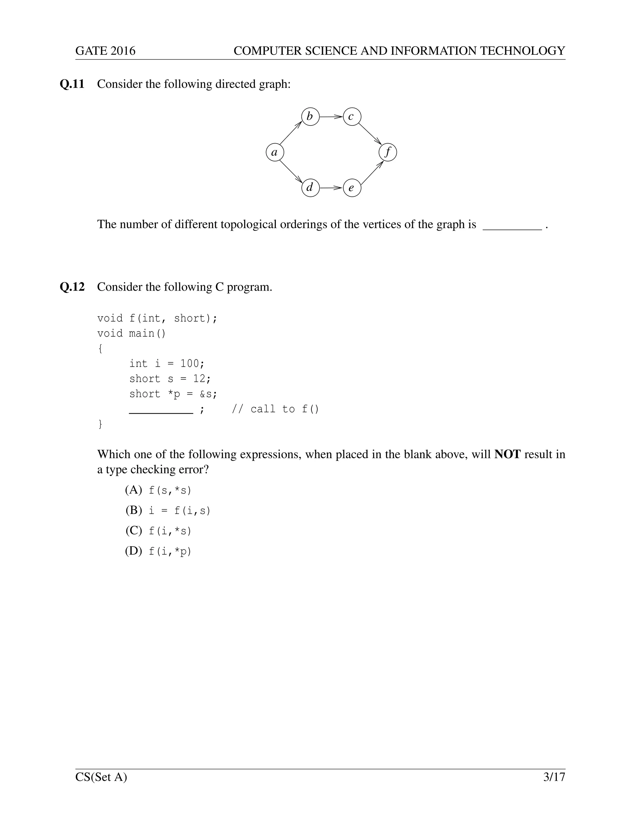GATE 2016 COMPUTER SCIENCE AND INFORMATION TECHNOLOGY
Q.11 Consider the following directed graph:
a
b c
f
ed
The number of different topological orderings of the vertices of the graph is .
Q.12 Consider the following C program.
void f(int, short);
void main()
{
int i = 100;
short s = 12;
short *p = &s;
__________ ; // call to f()
}
Which one of the following expressions, when placed in the blank above, will NOT result in
a type checking error?
(A) f(s,*s)
(B) i = f(i,s)
(C) f(i,*s)
(D) f(i,*p)
CS(Set A) 3/17
 