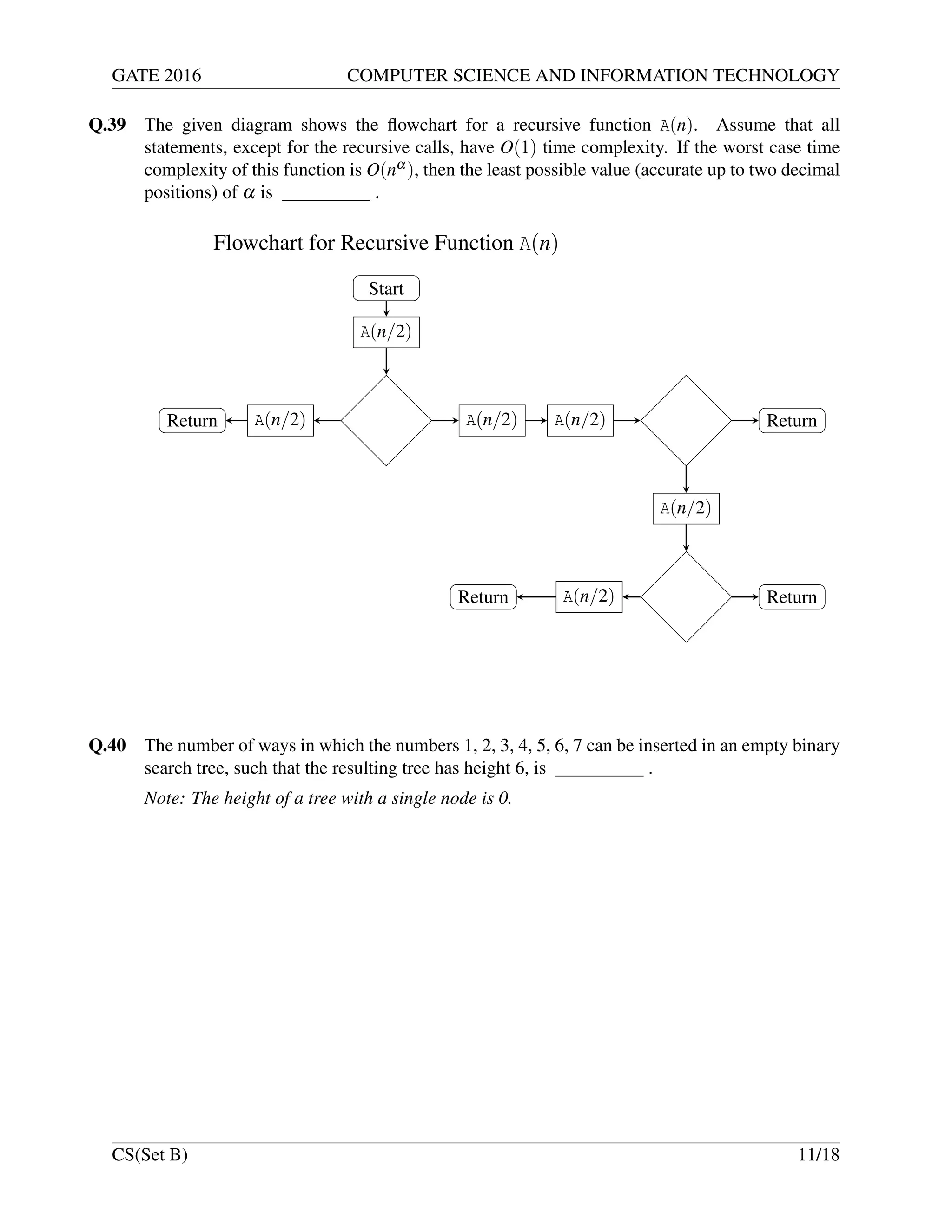 GATE 2016 COMPUTER SCIENCE AND INFORMATION TECHNOLOGY
Q.39 The given diagram shows the ﬂowchart for a recursive function A(n). Assume that all
statements, except for the recursive calls, have O(1) time complexity. If the worst case time
complexity of this function is O(nα), then the least possible value (accurate up to two decimal
positions) of α is .
Start
A(n/2)
A(n/2)Return A(n/2) A(n/2) Return
A(n/2)
ReturnA(n/2)Return
Flowchart for Recursive Function A(n)
Q.40 The number of ways in which the numbers 1, 2, 3, 4, 5, 6, 7 can be inserted in an empty binary
search tree, such that the resulting tree has height 6, is .
Note: The height of a tree with a single node is 0.
CS(Set B) 11/18
 