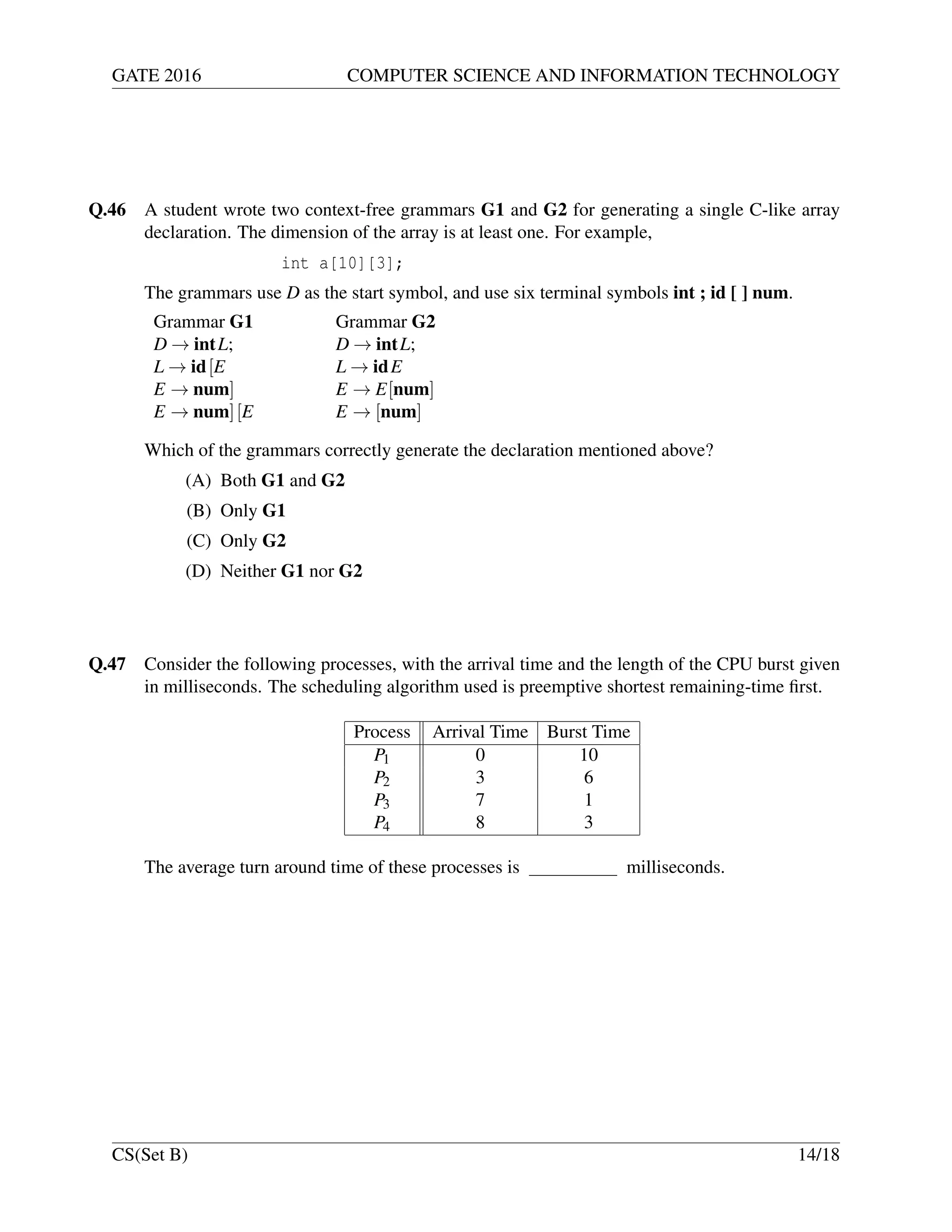 GATE 2016 COMPUTER SCIENCE AND INFORMATION TECHNOLOGY
Q.46 A student wrote two context-free grammars G1 and G2 for generating a single C-like array
declaration. The dimension of the array is at least one. For example,
int a[10][3];
The grammars use D as the start symbol, and use six terminal symbols int ; id [ ] num.
Grammar G1 Grammar G2
D → intL; D → intL;
L → id[E L → idE
E → num] E → E[num]
E → num][E E → [num]
Which of the grammars correctly generate the declaration mentioned above?
(A) Both G1 and G2
(B) Only G1
(C) Only G2
(D) Neither G1 nor G2
Q.47 Consider the following processes, with the arrival time and the length of the CPU burst given
in milliseconds. The scheduling algorithm used is preemptive shortest remaining-time ﬁrst.
Process Arrival Time Burst Time
P1 0 10
P2 3 6
P3 7 1
P4 8 3
The average turn around time of these processes is milliseconds.
CS(Set B) 14/18
 