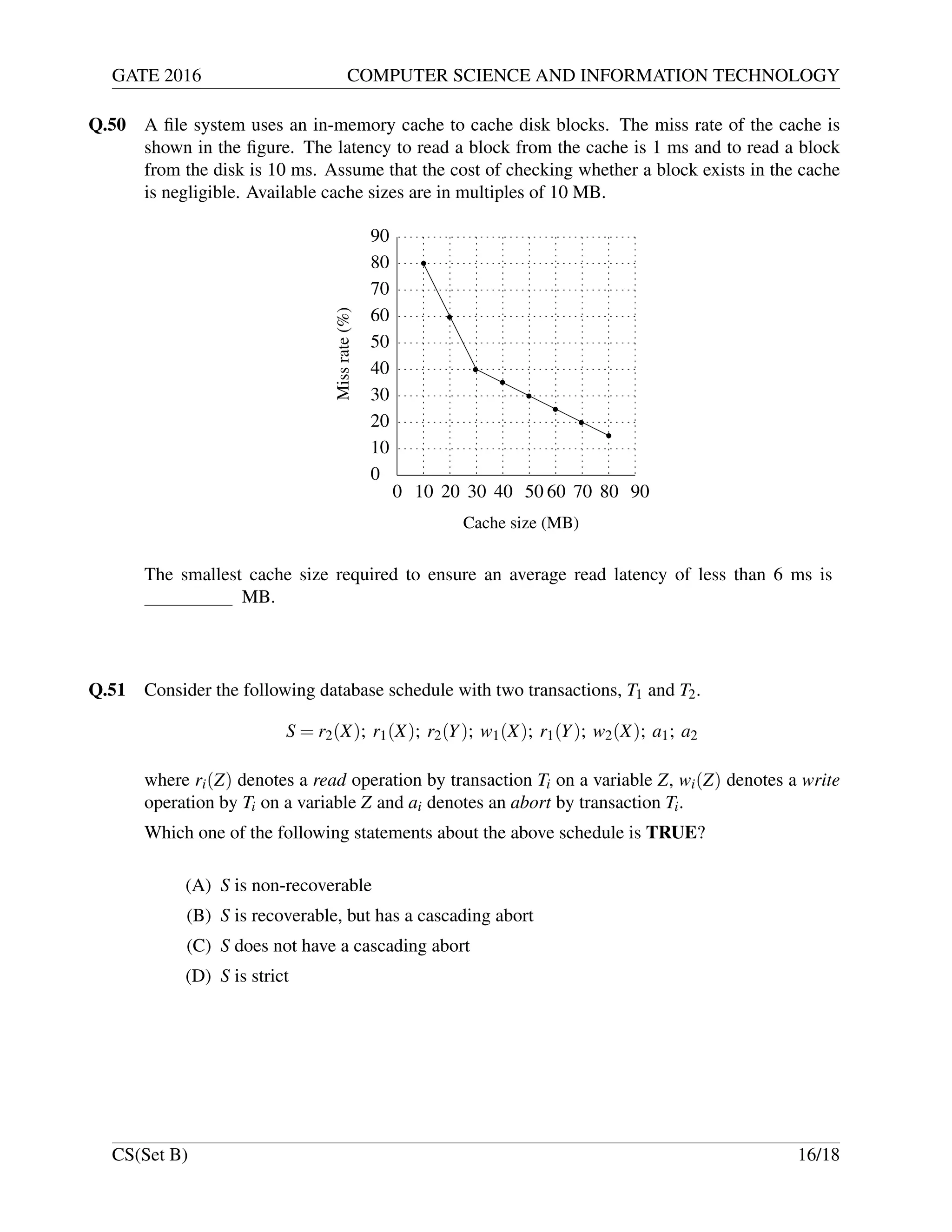 GATE 2016 COMPUTER SCIENCE AND INFORMATION TECHNOLOGY
Q.50 A ﬁle system uses an in-memory cache to cache disk blocks. The miss rate of the cache is
shown in the ﬁgure. The latency to read a block from the cache is 1 ms and to read a block
from the disk is 10 ms. Assume that the cost of checking whether a block exists in the cache
is negligible. Available cache sizes are in multiples of 10 MB.
10 20 30 40 50
10
60 70 80 90
20
30
40
50
60
70
80
90
0
0
Missrate(%)
Cache size (MB)
The smallest cache size required to ensure an average read latency of less than 6 ms is
MB.
Q.51 Consider the following database schedule with two transactions, T1 and T2.
S = r2(X); r1(X); r2(Y); w1(X); r1(Y); w2(X); a1; a2
where ri(Z) denotes a read operation by transaction Ti on a variable Z, wi(Z) denotes a write
operation by Ti on a variable Z and ai denotes an abort by transaction Ti.
Which one of the following statements about the above schedule is TRUE?
(A) S is non-recoverable
(B) S is recoverable, but has a cascading abort
(C) S does not have a cascading abort
(D) S is strict
CS(Set B) 16/18
 