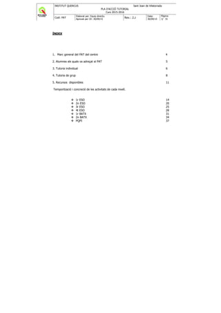 INSTITUT QUERCUS Sant Joan de Vilatorrada
PLA D'ACCIÓ TUTORIAL
Curs 2015-2016
Codi: PAT
Elaborat per: Equip directiu
Aprovat per CE: 30/09/15
Rev.: 2.2
Data:
30/09/15
Pàgina:
3/ 38
ÍNDEX
1. Marc general del PAT del centre 4
2. Alumnes als quals va adreçat el PAT 5
3. Tutoria individual 6
4. Tutoria de grup 8
5. Recursos disponibles 11
Temporització i concreció de les activitats de cada nivell.
1r ESO 14
2n ESO 20
3r ESO 25
4t ESO 28
1r BATX 31
2n BATX 34
PQPI 37
 