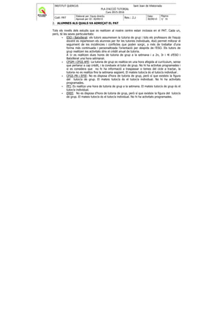INSTITUT QUERCUS Sant Joan de Vilatorrada
PLA D'ACCIÓ TUTORIAL
Curs 2015-2016
Codi: PAT
Elaborat per: Equip directiu
Aprovat per CE: 30/09/15
Rev.: 2.2
Data:
30/09/15
Pàgina:
5/ 38
2. ALUMNES ALS QUALS VA ADREÇAT EL PAT
Tots els nivells dels estudis que es realitzen al nostre centre estan inclosos en el PAT. Cada un,
però, té les seves particularitats:
ESO i Batxillerat: els tutors assumeixen la tutoria de grup i tots els professors de l’equip
docent es reparteixen els alumnes per fer les tutories individuals. Això permet millorar el
seguiment de les incidències i conflictes que poden sorgir, a més de treballar d’una
forma més continuada i personalitzada l’orientació per després de l’ESO. Els tutors de
grup realitzen les activitats dins el crèdit anual de tutoria.
A 1r es realitzen dues hores de tutoria de grup a la setmana i a 2n, 3r i 4t d’ESO i
Batxillerat una hora setmanal.
CFGM i CFGS AFE: La tutoria de grup es realitza en una hora afegida al currículum, sense
que pertanyi a cap crèdit, i la condueix el tutor de grup. No hi ha activitas programades i
si es considera que no hi ha informació a traspassar o temes del cicle a tractar, la
tutoria no es realitza fins la setmana següent. El mateix tutor/a és el tutor/a individual .
CFGS PR i EFIE: No es disposa d’hora de tutoria de grup, però sí que existeix la figura
del tutor/a de grup. El mateix tutor/a és el tutor/a individual. No hi ha activitats
programades.
PFI: Es realitza una hora de tutoria de grup a la setmana. El mateix tutor/a de grup és el
tutor/a individual.
EREE: No es disposa d’hora de tutoria de grup, però sí que existeix la figura del tutor/a
de grup. El mateix tutor/a és el tutor/a individual. No hi ha activitats programades.
 
