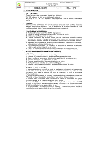 INSTITUT QUERCUS Sant Joan de Vilatorrada
PLA D'ACCIÓ TUTORIAL
Curs 2015-2016
Codi: PAT
Elaborat per: Equip directiu
Aprovat per CE: 30/09/15
Rev.: 2.2
Data:
30/09/15
Pàgina:
8/ 38
4. TUTORIA DE GRUP
QUI LA REALITZA:
El tutor del grup-classe corresponent, durant l’hora de tutoria.
A 1r ESO es disposa de dues hores de tutoria a la setmana.
A 2n d’ESO, 3r d’ESO, 4t d’ESO, Batxillerat , 1r CFGM, CFGS AF i FIAP es disposa d’una hora de
tutoria.
OBJECTIU:
Desenvolupar les activitats del PAT, tant les comunes a tots els nivells (acollida, elecció de
delegats, preparació de l’avaluació...) com les específiques de la temàtica del PAT per cada
nivell (adolescència, hàbits d’estudi, resolució de conflictes, orientació...).
FUNCIONS DEL TUTOR DE GRUP:
1. Realitzar i dinamitzar les activitats del PAT al grup-classe.
2. Motivar els alumnes perquè participin activament en la vida del centre.
3. Vetllar per al bon funcionament del grup.
4. Controlar l’assistència dels alumnes: anotar totes les justificacions de faltes i retards
setmanalment (utilitzant el programa de faltes), vetllar pels alumnes absentistes juntament
amb el tutor/a individual, presentar els resultats a la sessió d’avaluació i al butlletí de notes.
5. Anotar els ítems de tutoria del butlletí de notes corresponents a: assistència i puntualitat,
actitud a classe i actitud amb els companys.
6. Lliurar els butlletins de notes i els comunicats del seguiment de l’assistència als alumnes i
vetllar perquè els retornin signats per la família.
7. Conduir les sessions de preavaluació i avaluació, realitzant-ne les corresponents actes.
ACTIVITATS DEL PAT COMUNES A TOTS ELS NIVELLS
OBJECTIUS:
1. Afavorir el coneixement mutu dels membres del grup.
2. Fomentar un clima de convivència i respecte entre les persones del centre.
3. Donar a conèixer el funcionament del centre, els espais físics i la normativa de curs.
4. Fomentar el respecte a les instal·lacions del centre.
5. Fomentar la participació de l’alumne en les activitats del centre.
6. Realitzar l’avaluació trimestral del funcionament del grup.
7. Fomentar l’ús d’un vocabulari no sexista seguint el projecte lingüístic de centre.
MATERIAL: DOSSIER DE TUTORIA
Els alumnes d’ESO tindran una funda de tutoria on guardaran les informacions de tots els temes
tractats a les sessions de tutoria i hi afegiran totes les informacions que el tutor els passi
fotocopiades (entre elles les fitxes del PAT propi de cada nivell). La funda la proporciona
l'institut a cada curs.
Els alumnes de Batxillerat tenen un dossier de tutoria per cada nivell, amb totes les activitats del
PAT comú i particular fotocopiades. Les anotacions les prenen en el mateix dossier.
Els alumnes d’ESO i batxillerat tenen un moodle de tutoria on puntualment se’ls penja
informació i algunes de les fitxes que es treballen durant el curs.
Els alumnes de CFGM no tenen dossier ni llibreta de tutoria, les informacions i activitats del PAT
es lliuren en fotocòpies, a més es treballa molt a l'aula d'informàtica. Les informacions pròpies
del cicle es distribueixen en un quadern d’inici de curs.
Els alumnes de CFGS i del FIAP no registren les activitats. Les informacions pròpies dels CFGS
es distribueixen en un quadern d’inici de curs i en el moodle.
 
