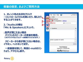 音量の設定、およびご質問方法
1. オレンジ色の矢印をクリック
→コントロールパネルを開いたり、閉じたり
することができます。
2. 「Audio」の欄は
「Mic & Speakers」にチェック。
・音声が聞こえない場合
パソコンのスピーカーの音量を確認。
（3をクリックするとウェビナーの画面が小さくなります。）
スピーカーから音が聞こえない場合は、
イヤホン、ヘッドホンで試す。
一度画面を閉じて、再度E-mailのリン
クより、アクセスし直す。
1
2
3
 