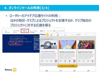 4. オンラインツールの利用(3/4)
• ロータリーのアイデア応援サイトの利用：
ほかの地区・クラブによるプロジェクトを支援するか、クラブ独自の
プロジェクトに対する応援を募る
 