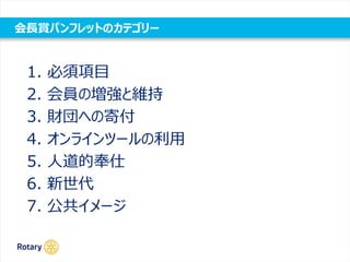 会長賞パンフレットのカテゴリー
1. 必須項目
2. 会員の増強と維持
3. 財団への寄付
4. オンラインツールの利用
5. 人道的奉仕
6. 新世代
7. 公共イメージ
 