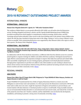 ROTARACT OUTSTANDING PROJECT AWARDS | 2015-16 WINNERS (April 2016) 1
2015-16 ROTARACT OUTSTANDING PROJECT AWARDS
INTERNATIONAL WINNERS
INTERNATIONAL – SINGLE CLUB
Rotaract Club of Bugolobi (District 9211, Uganda ) for “’1000 smiles’ Kanabulemu Edition”
The residents of Rakai district, an area greatly affected by HIV/AIDS, were all smiles when the Rotaractors
arrived. Working alongside local doctors, schools, and the Uganda Health Marketing Group (UHMG) they
provided everything from school supplies to comprehensive medical screenings, dental exams, and HIV
screenings and prevention education. Since access to safe clean drinking water is the primary reason children miss
school, the club also dug a borehole to bring clean water to the village. Aiming to “cover as many of Rotary’s areas
of focus as possible” these enterprising Rotaractors were supported by other Rotaract clubs in the region as well as
their sponsor, The Rotary Club of Bugolobi. Photos
INTERNATIONAL – MULTIDISTRICT
Rotaract Clubs of Districts 2420, 2420, 2430, 2440 (Turkey); Alanya, Antalya Kaleici, Atakum, Çekirge, Eskişehir, Istanbul -
Galatasary, Istanbul-Maslak, Karadeniz Eregli, Safranbolu, and District 2220 (Russia); Rotaract Club of Krasnodar for “Just Like
You With An (+1) Extra!”
In collaboration with the Down Syndrome Association, 12 different clubs from four districts across two countries
joined together to organize trainings for children and adults with Down syndrome. Participants learned how to
apply effective communication and cooperation strategies to improve their daily lives and hone job-related skills.
After successfully completing the one year training program, participants received job placement assistance
through partner organizations to put their new skills to work. Club members are also working to educate local
citizens about common misconceptions related to living with Down syndrome by hosting outreach events at local
farmers markets and other community events. Photos
REGIONAL WINNERS
ASIA PACIFIC
Rotaract Club of Metro Cebu-CIT Chapter (District 3860, Philippines) for “Project WASHEd-UP (Water Adequacy, Sanitation and
Hygiene Education to Uplift the People)”
Project WASHEd-UP transformed the lives of kids at Tagatay Elementary School in a remote area in the
Philippines in need of clean water and sanitation. In a three-part process the Rotaractors constructed a PET bottle
water tank to safely store rain water, taught the importance of hygiene and sanitation to prevent disease, and
treated students with skin infections or intestinal parasites to improve overall health. Using recyclable materials
was an environmentally friendly alternative to conventional steel and concrete tanks, and reduced the overall cost
of the project by more than 75%. Teachers, students, and key stakeholders were involved in the development,
installation, and training to promote a strong sense of community ownership. Video
 