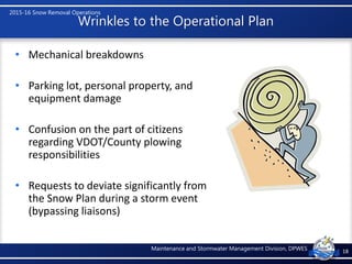 2015-16 Snow Removal Operations
Maintenance and Stormwater Management Division, DPWES
Wrinkles to the Operational Plan
• M...