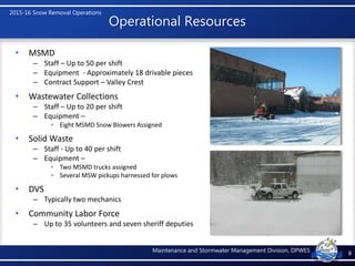 2015-16 Snow Removal Operations
Maintenance and Stormwater Management Division, DPWES
Operational Resources
• MSMD
– Staff...