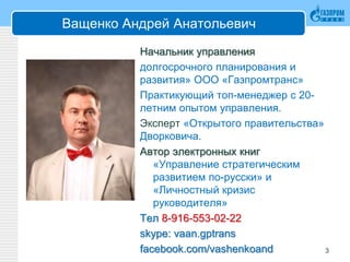 Ващенко Андрей Анатольевич
Начальник управления
долгосрочного планирования и
развития» ООО «Газпромтранс»
Практикующий топ-менеджер с 20-
летним опытом управления.
Эксперт «Открытого правительства»
Дворковича.
Автор электронных книг
«Управление стратегическим
развитием по-русски» и
«Личностный кризис
руководителя»
Тел 8-916-553-02-22
skype: vaan.gptrans
facebook.com/vashenkoand 3
 