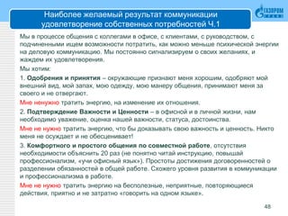 Наиболее желаемый результат коммуникации
удовлетворение собственных потребностей Ч.1
Мы в процессе общения с коллегами в офисе, с клиентами, с руководством, с
подчиненными ищем возможности потратить, как можно меньше психической энергии
на деловую коммуникацию. Мы постоянно сигнализируем о своих желаниях, и
жаждем их удовлетворения.
Мы хотим:
1. Одобрения и принятия – окружающие признают меня хорошим, одобряют мой
внешний вид, мой запах, мою одежду, мою манеру общения, принимают меня за
своего и не отвергают.
Мне ненужно тратить энергию, на изменение их отношения.
2. Подтверждение Важности и Ценности – в офисной и в личной жизни, нам
необходимо уважение, оценка нашей важности, статуса, достоинства.
Мне не нужно тратить энергию, что бы доказывать свою важность и ценность. Никто
меня не осуждает и не обесценивает!
3. Комфортного и простого общения по совместной работе, отсутствия
необходимости объяснить 20 раз (не понятно читай инструкцию, повышай
профессионализм, «учи офисный язык»). Простоты достижения договоренностей о
разделении обязанностей в общей работе. Схожего уровня развития в коммуникации
и профессионализма в работе.
Мне не нужно тратить энергию на бесполезные, неприятные, повторяющиеся
действия, приятно и не затратно «говорить на одном языке».
48
 