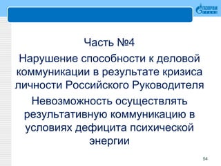 Часть №4
Нарушение способности к деловой
коммуникации в результате кризиса
личности Российского Руководителя
Невозможность осуществлять
результативную коммуникацию в
условиях дефицита психической
энергии
54
 