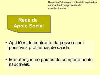 • Aptidões de confronto da pessoa com
possíveis problemas de saúde;
• Manutenção de pautas de comportamento
saudáveis.
Recursos Psicológicos e Sociais implicados
na adaptação ao processo de
envelhecimento
Rede de
Apoio Social
Rede de
Apoio Social
 