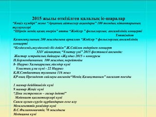 2015 жылы өткізілген қалалық іс-шаралар
“Шіркін менің қазақ өнерім” атты “Жәдігер ” фольклорлық ансамблінің концерті
Тәттімбет
Қазанғапұлының 200 жылдығына арналған “Жәдігер “ фольклорлық ансамблінің
концерті
“Кездесеміз,жүздесеміз біз дәйім” Ж.Сейілов әндерінен концерт
XXV аймақтық “Ұлытау үні” 2015 фестивалі аясында:
Жастар эстрадалық байқауы «Жұлдыз 2015 » конкурсы
Н.Бәрменбаеваның 100 жылдық мерейтойы
8- Наурыз Халықаралық әйелдер күні
Ұлыстың ұлы күні - 22 Наурыз
Қ.И.Сәтбаевтың туғанына 116 жыл
ҚР-ның Президент сайлауы аясында“Менің Қазақстаным” насихат поезды
1 мамыр бейбітшілік күні
9 мамыр Жеңіс күні
“Діни экстремизм – ғасыр індеті”
Мәдениет қызметкерлері күні
Саяси қуғын-сүргін құрбандарын еске алу
Мемлекеттік рәміздер күні
В.С.Филипповичтің 70 жылдығы
Медицина күні
“Көңіл күмбірі” және “Арқаның айтыскер ақындары” 100 томдық кітаптарының
тұсаукесері
 