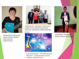 А.Абдыкаликова – Республикалық
“Жұлдыз ” конкурсының Алғыс
хатымен марапатталды
Д.Нурсейтова -Жезқазған
қаласы әкімінің Құрмет
грамотасымен
марапатталды
Р.Исмайлов - Жезқазған
қаласы әкімінің Алғыс хаты
Ғ.Мұхамедин - Мәдениет, спорт және
ақпарат қызметкерлері қоғамының
кәсіподақ ұйымының «Еңбек ардагері»
медалі.
 