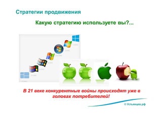 Какую стратегию используете вы?...
Стратегии продвижения
В 21 веке конкурентные войны происходят уже в
головах потребителей!
© Устьянцев.рф
 