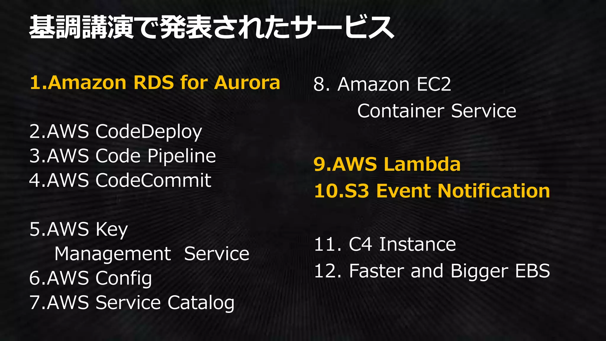 1.Amazon RDS for Aurora
9.AWS Lambda
10.S3 Event Notification
 