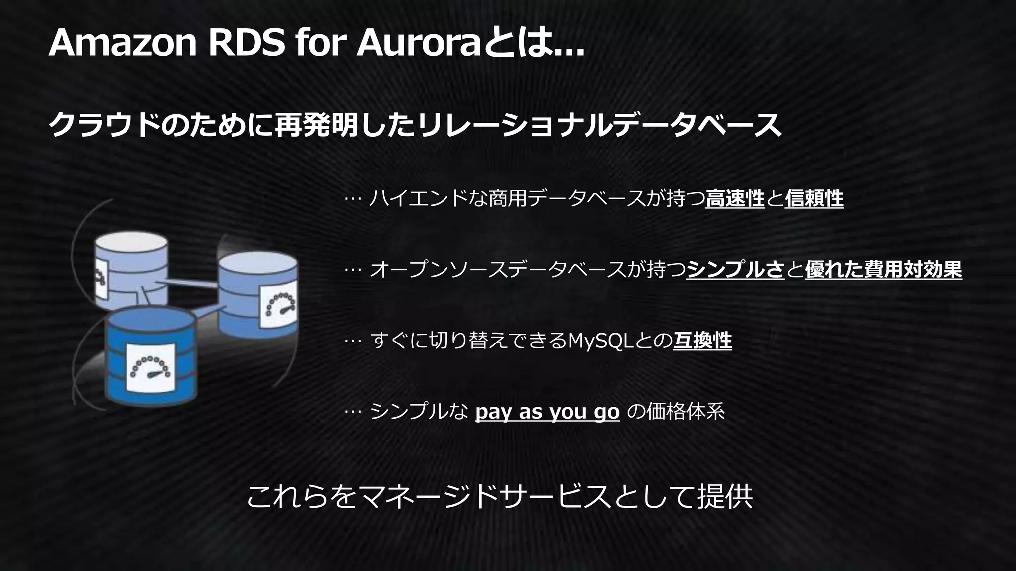 クラウドのために再発明したリレーショナルデータベース
… ハイエンドな商用データベースが持つ高速性と信頼性
… オープンソースデータベースが持つシンプルさと優れた費用対効果
… すぐに切り替えできるMySQLとの互換性
… シンプルな pay as you go の価格体系
これらをマネージドサービスとして提供
 