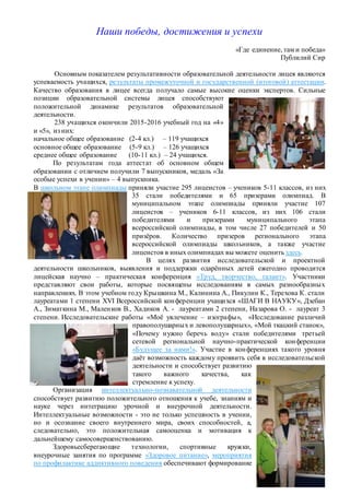 Наши победы, достижения и успехи
«Где единение, там и победа»
Публилий Сир
Основным показателем результативности образовательной деятельности лицея являются
успеваемость учащихся, результаты промежуточной и государственной (итоговой) аттестации.
Качество образования в лицее всегда получало самые высокие оценки экспертов. Сильные
позиции образовательной системы лицея способствуют
положительной динамике результатов образовательной
деятельности.
238 учащихся окончили 2015-2016 учебный год на «4»
и «5», из них:
начальное общее образование (2-4 кл.) – 119 учащихся
основное общее образование (5-9 кл.) – 126 учащихся
среднее общее образование (10-11 кл.) – 24 учащихся.
По результатам года аттестат об основном общем
образовании с отличием получили 7 выпускников, медаль «За
особые успехи в учении» – 4 выпускника.
В школьном этапе олимпиады приняли участие 295 лицеистов – учеников 5-11 классов, из них
35 стали победителями и 65 призерами олимпиад. В
муниципальном этапе олимпиады приняли участие 107
лицеистов – учеников 6-11 классов, из них 106 стали
победителями и призерами муниципального этапа
всероссийской олимпиады, в том числе 27 победителей и 50
призёров. Количество призеров регионального этапа
всероссийской олимпиады школьников, а также участие
лицеистов в иных олимпиадах вы можете оценить здесь.
В целях развития исследовательской и проектной
деятельности школьников, выявления и поддержки одарённых детей ежегодно проводится
лицейская научно – практическая конференция «Труд, творчество, талант». Участники
представляют свои работы, которые посвящены исследованиям в самых разнообразных
направлениях. В этом учебном году Крышкина М., Калинина А., Пикулин К., Терехова К. стали
лауреатами 1 степени XVI Всероссийской конференции учащихся «ШАГИ В НАУКУ», Дзебан
А., Зиматкина М., Маленков В., Хадиков А. - лауреатами 2 степени, Назарова О. - лауреат 3
степени. Исследовательские работы «Моё увлечение – изографы», «Исследование различий
правополушарных и левополушарных», «Мой ткацкий станок»,
«Почему нужно беречь воду» стали победителями третьей
сетевой региональной научно-практической конференции
«Будущее за нами!». Участие в конференциях такого уровня
даёт возможность каждому проявить себя в исследовательской
деятельности и способствует развитию
такого важного качества, как
стремление к успеху.
Организация интеллектуально-познавательной деятельности
способствует развитию положительного отношения к учебе, знаниям и
науке через интеграцию урочной и внеурочной деятельности.
Интеллектуальные возможности - это не только успешность в учении,
но и осознание своего внутреннего мира, своих способностей, а,
следовательно, это положительная самооценка и мотивация к
дальнейшему самосовершенствованию.
Здоровьесберегающие технологии, спортивные кружки,
внеурочные занятия по программе «Здоровое питание», мероприятия
по профилактике аддиктивного поведения обеспечивают формирование
 