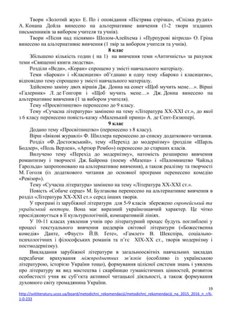 Твори «Золотий жук» Е. По і оповідання «Пістрява стрічка», «Спілка рудих»
А. Конана Дойла винесено на альтернативне вивчення (1-2 твори згаданих
письменників за вибором учителя та учнів).
Твори «Пісня над піснями» Шолом-Алейхема і «Пурпурові вітрила» О. Гріна
винесено на альтернативне вивчення (1 твір за вибором учителя та учнів).
8 клас
Збільшено кількість годин ( на 1) на вивчення теми «Античність» за рахунок
теми «Священні книги людства».
Розділи «Веди», «Коран» спрощено у змісті навчального матеріалу.
Теми «Бароко» і «Класицизм» об’єднано в одну тему «Бароко і класицизм»,
відповідно тему спрощено у змісті навчального матеріалу.
Здійснено заміну двох віршів Дж. Донна на сонет «Щоб мучить мене…». Вірші
«Галерник» Л. де Гонгори і «Щоб мучить мене…» Дж. Донна винесено на
альтернативне вивчення (1 за вибором учителя).
Тему «Просвітництво» перенесено до 9 класу.
Тему «Сучасна література» замінено на тему «Література XX-XXI ст.», до якої
з 6 класу перенесено повість-казку «Маленький принц» А. де Сент-Екзюпері.
9 клас
Додано тему «Просвітництво» (перенесено з 8 класу).
Вірш «Івікові журавлі» Ф. Шиллера перенесено до списку додаткового читання.
Розділ «Ф. Достоєвський», тему «Перехід до модернізму» (розділи «Шарль
Бодлер», «Поль Верлен», «Артюр Рембо») перенесено до старших класів.
Вилучено тему «Перехід до модернізму», натомість розширено вивчення
романтизму і творчості Дж. Байрона (поему «Мазепа» і «Паломництво Чайльд
Гарольда» запропоновано на альтернативне вивчення), а також реалізму та творчості
М. Гоголя (із додаткового читання до основної програми перенесено комедію
«Ревізор»).
Тему «Сучасна література» замінено на тему «Література XX-XXI ст.».
Повість «Собаче серце» М. Булгакова перенесено на альтернативне вивчення в
розділ «Література XX-XXI ст.» серед інших творів.
У програмі із зарубіжної літератури для 5-9 класів збережено європейський та
український вектори. Вона має виразний українознавчий характер. Це чітко
прослідковується в її культурологічній, компаративній лініях.
У 10-11 класах уявлення учнів про літературний процес будуть поглиблені у
процесі текстуального вивчення шедеврів світової літератури («Божественна
комедія» Данте, «Фауст» Й.В. Ґете», «Гамлет» В. Шекспіра, соціально-
психологічних і філософських романів та п’єс XIX-XX ст., творів модернізму і
постмодернізму).
Викладання зарубіжної літератури в загальноосвітніх навчальних закладах
передбачає врахування міжпредметних зв’язків (особливо із українською
літературою, історією України тощо), формування цілісної системи знань і уявлень
про літературу як вид мистецтва і скарбницю гуманістичних цінностей, розвиток
особистості учня як суб’єкта активної читацької діяльності, а також формування
духовного світу громадянина України.
19
http://svitliteraturu.ucoz.ua/board/metodichni_rekomendaciji/metodichni_rekomendaciji_na_2015_2016_n_r/6-
1-0-233
 
