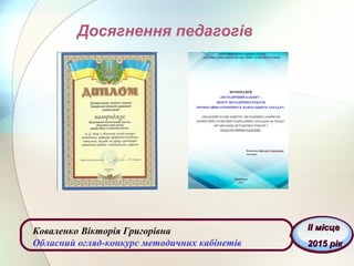Досягнення педагогів
Коваленко Вікторія Григорівна
Обласний огляд-конкурс методичних кабінетів
ІІ місцеІІ місце
2015 рік2015 рік
 