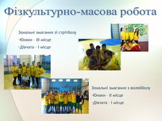 Зональні змагання зі стрітболу
-Юнаки – ІІІ місце
-Дівчата – І місце
Зональні змагання з волейболу
-Юнаки – ІІ місце
-Дівчата – І місце
 
